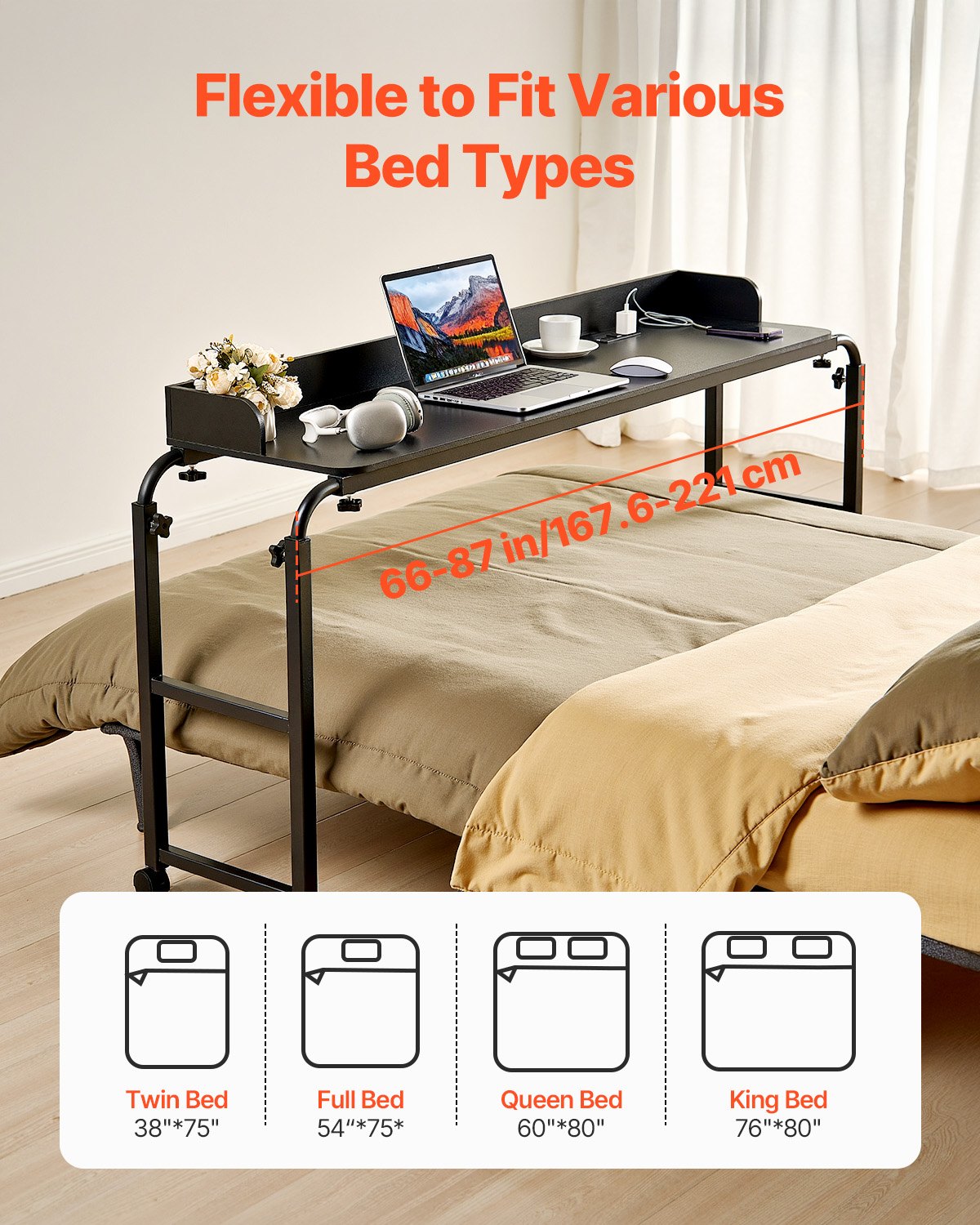 VEVOR Overbed Table, Mobile Bed Side Table with 4 Wheels (2 with Brakes) and Power Socket, Height Adjustable Rolling Laptop Desk, Portable Particleboard Over Bed Desk for Home, Office, Study, Black - CSZHKSPBWXLS5MFG8001V1 - view 3