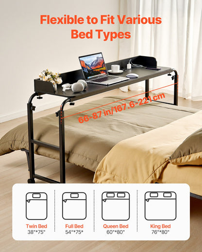 VEVOR Overbed Table, Mobile Bed Side Table with 4 Wheels (2 with Brakes) and Power Socket, Height Adjustable Rolling Laptop Desk, Portable Particleboard Over Bed Desk for Home, Office, Study, Black - CSZHKSPBWXLS5MFG8001V1 - view 3