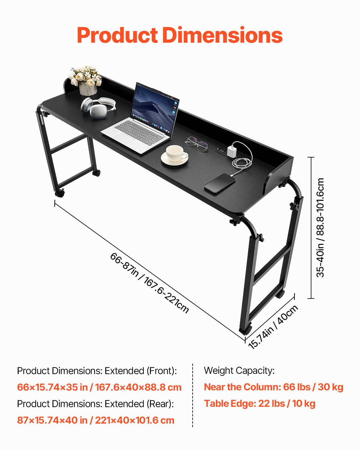 VEVOR Overbed Table, Mobile Bed Side Table with 4 Wheels (2 with Brakes) and Power Socket, Height Adjustable Rolling Laptop Desk, Portable Particleboard Over Bed Desk for Home, Office, Study, Black - CSZHKSPBWXLS5MFG8001V1 - view 4