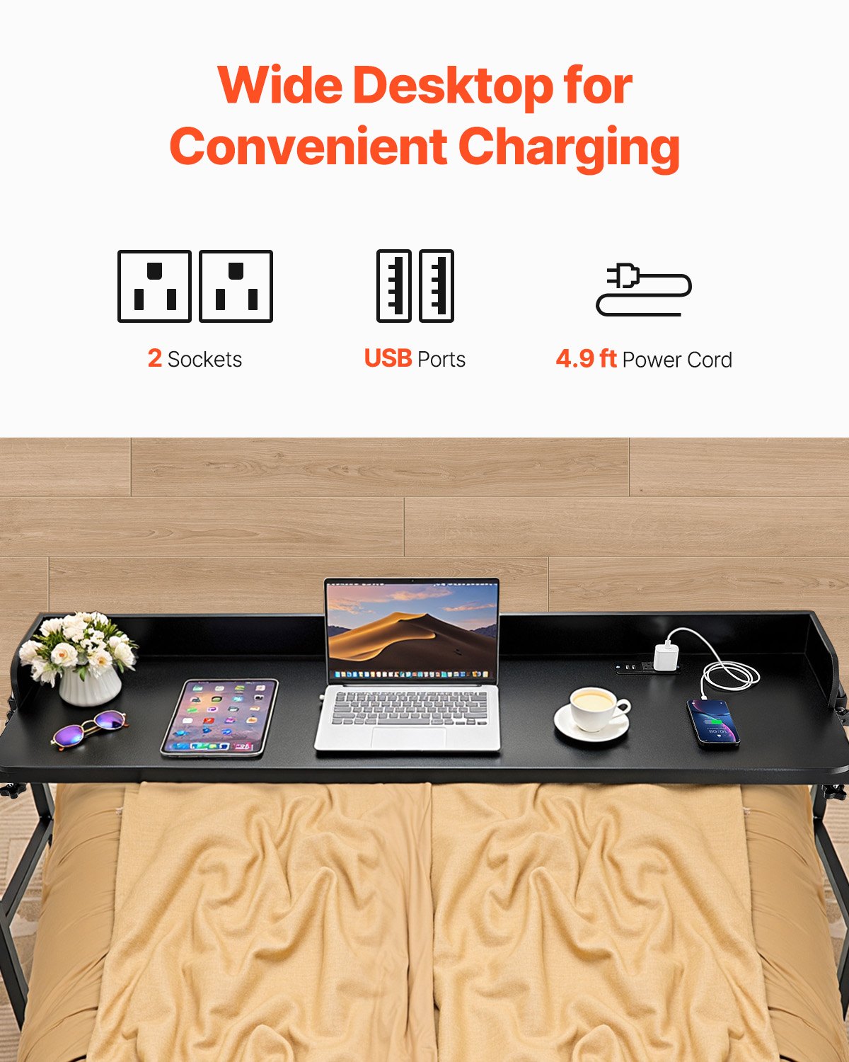 VEVOR Overbed Table, Mobile Bed Side Table with 4 Wheels (2 with Brakes) and Power Socket, Height Adjustable Rolling Laptop Desk, Portable Particleboard Over Bed Desk for Home, Office, Study, Black - CSZHKSPBWXLS5MFG8001V1 - view 5