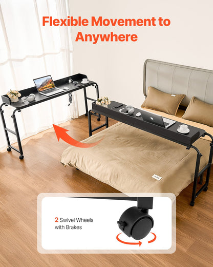 VEVOR Overbed Table, Mobile Bed Side Table with 4 Wheels (2 with Brakes) and Power Socket, Height Adjustable Rolling Laptop Desk, Portable Particleboard Over Bed Desk for Home, Office, Study, Black - CSZHKSPBWXLS5MFG8001V1 - view 6