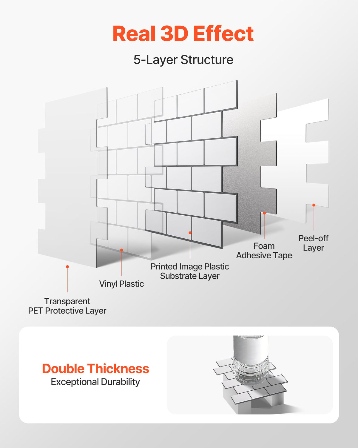 VEVOR Peel and Stick Backsplash 10-Sheet, 12 x 12 x 0.78 inch / 305 x 305 x 2.0 mm Self-Adhesive Wall Tiles, Stick on Subway Tile Backsplash for Kitchen, 3D Back Splashes for Bathroom, Tile-Look - CSZZSQTSBCC10PG7U001V0 - view 3