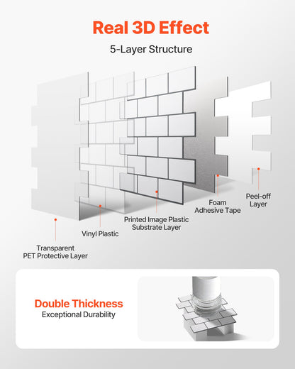 VEVOR Peel and Stick Backsplash 10-Sheet, 12 x 12 x 0.78 inch / 305 x 305 x 2.0 mm Self-Adhesive Wall Tiles, Stick on Subway Tile Backsplash for Kitchen, 3D Back Splashes for Bathroom, Tile-Look - CSZZSQTSBCC10PG7U001V0 - view 3