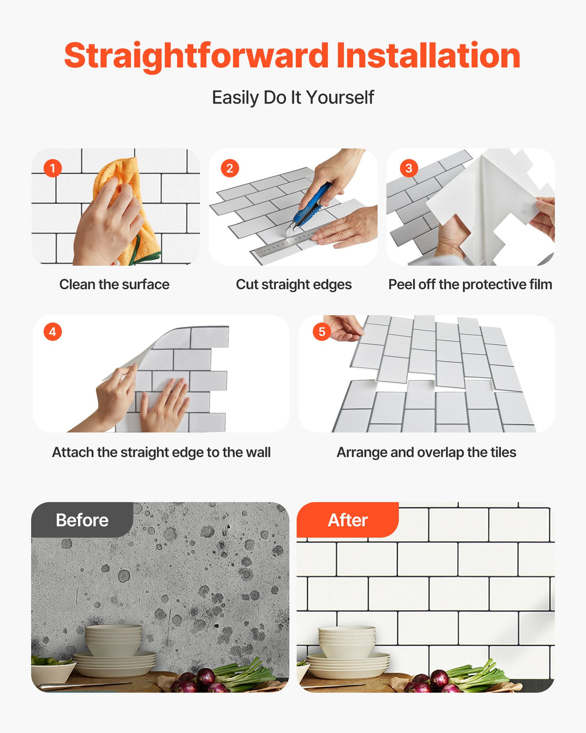 VEVOR Peel and Stick Backsplash 10-Sheet, 12 x 12 x 0.78 inch / 305 x 305 x 2.0 mm Self-Adhesive Wall Tiles, Stick on Subway Tile Backsplash for Kitchen, 3D Back Splashes for Bathroom, Tile-Look - CSZZSQTSBCC10PG7U001V0 - view 5