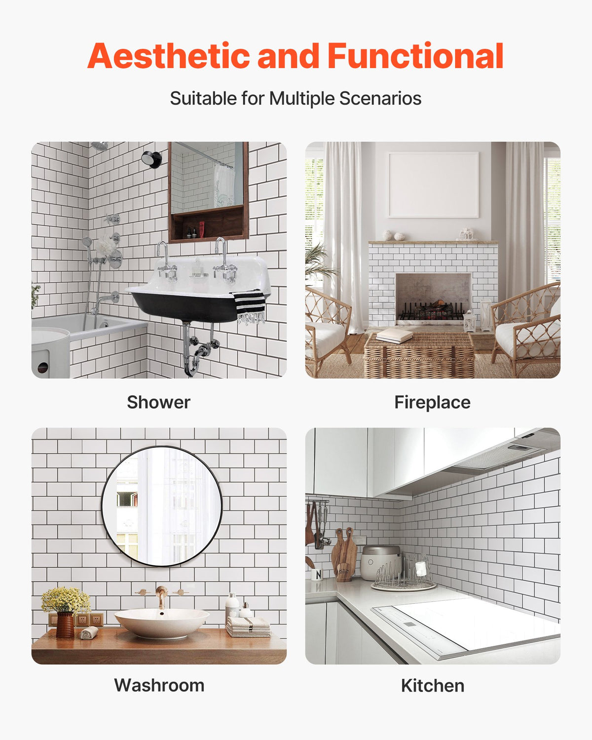 VEVOR Peel and Stick Backsplash 10-Sheet, 12 x 12 x 0.78 inch / 305 x 305 x 2.0 mm Self-Adhesive Wall Tiles, Stick on Subway Tile Backsplash for Kitchen, 3D Back Splashes for Bathroom, Tile-Look - CSZZSQTSBCC10PG7U001V0 - view 7