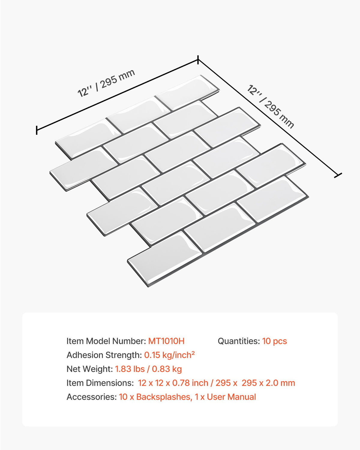 VEVOR Peel and Stick Backsplash 10-Sheet, 12 x 12 x 0.78 inch / 305 x 305 x 2.0 mm Self-Adhesive Wall Tiles, Stick on Subway Tile Backsplash for Kitchen, 3D Back Splashes for Bathroom, Tile-Look - CSZZSQTSBCC10PG7U001V0 - view 8