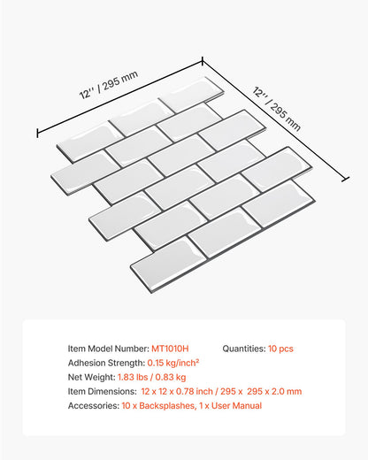 VEVOR Peel and Stick Backsplash 10-Sheet, 12 x 12 x 0.78 inch / 305 x 305 x 2.0 mm Self-Adhesive Wall Tiles, Stick on Subway Tile Backsplash for Kitchen, 3D Back Splashes for Bathroom, Tile-Look - CSZZSQTSBCC10PG7U001V0 - view 8