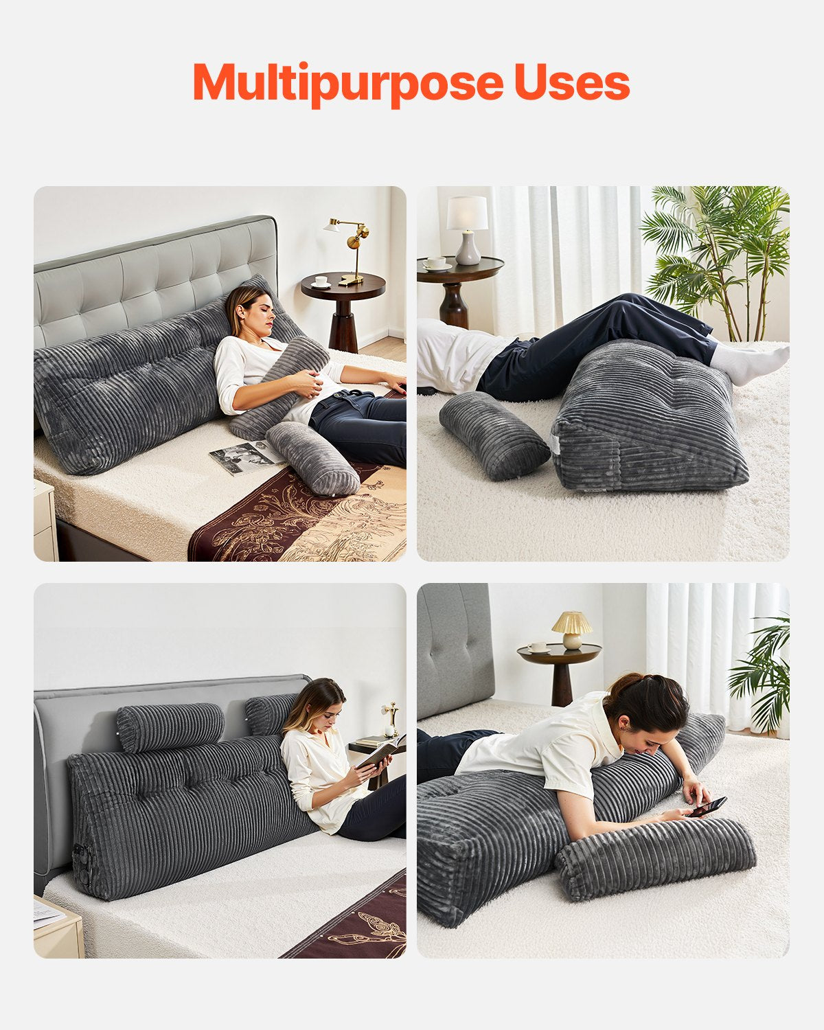 VEVOR Headboard Pillow, King Size Wedge Headboard Pillow with 2 Side Pockets and 2 Headrests, Bed Wedge Pillow with Washable Flannel Cloth, for Reading, Gaming, Resting, Working in Bed, Grey - CTBZKINGCCHS803KE001V0 - view 7