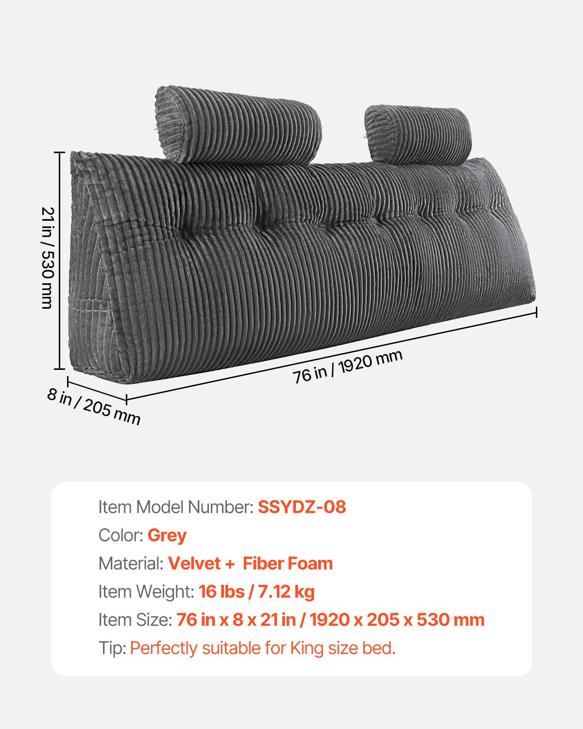 VEVOR Headboard Pillow, King Size Wedge Headboard Pillow with 2 Side Pockets and 2 Headrests, Bed Wedge Pillow with Washable Flannel Cloth, for Reading, Gaming, Resting, Working in Bed, Grey - CTBZKINGCCHS803KE001V0 - view 8