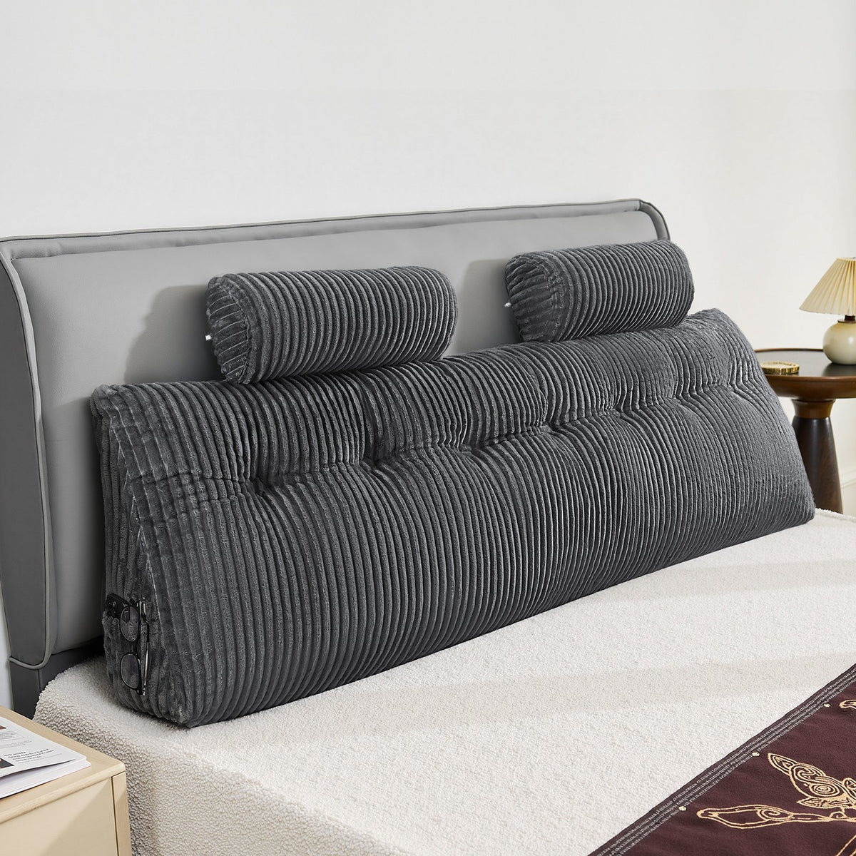 VEVOR Headboard Pillow, King Size Wedge Headboard Pillow with 2 Side Pockets and 2 Headrests, Bed Wedge Pillow with Washable Flannel Cloth, for Reading, Gaming, Resting, Working in Bed, Grey - CTBZKINGCCHS803KE001V0 - view 9