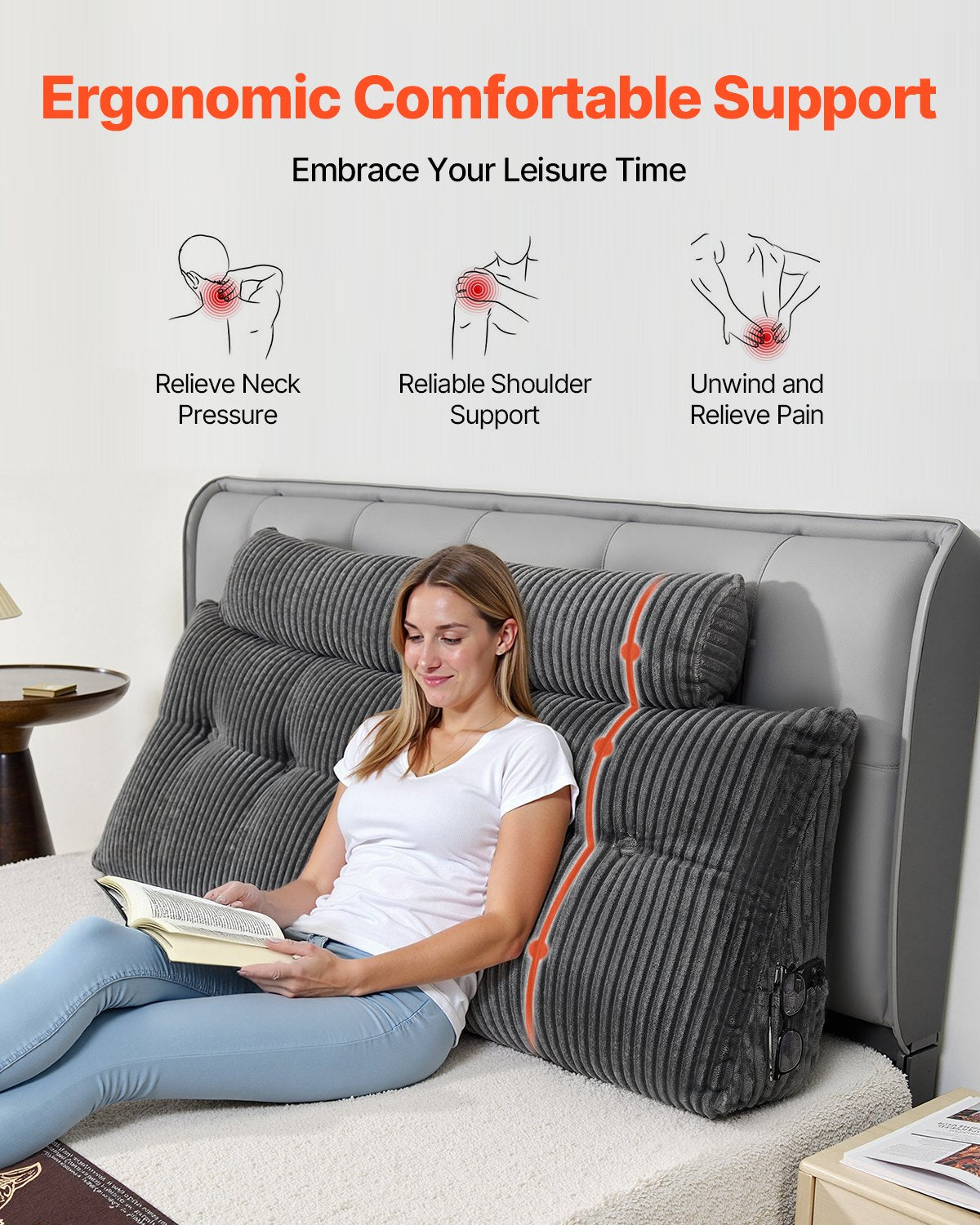 VEVOR Headboard Pillow, Queen Size Wedge Headboard Pillow with 2 Side Pockets and 2 Headrests, Bed Wedge Pillow with Washable Flannel Cloth, for Reading, Gaming, Resting, Working in Bed, Grey - CTBZQUEENCCH6OBPH001V0 - view 5