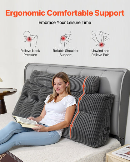 VEVOR Headboard Pillow, Queen Size Wedge Headboard Pillow with 2 Side Pockets and 2 Headrests, Bed Wedge Pillow with Washable Flannel Cloth, for Reading, Gaming, Resting, Working in Bed, Grey - CTBZQUEENCCH6OBPH001V0 - view 5