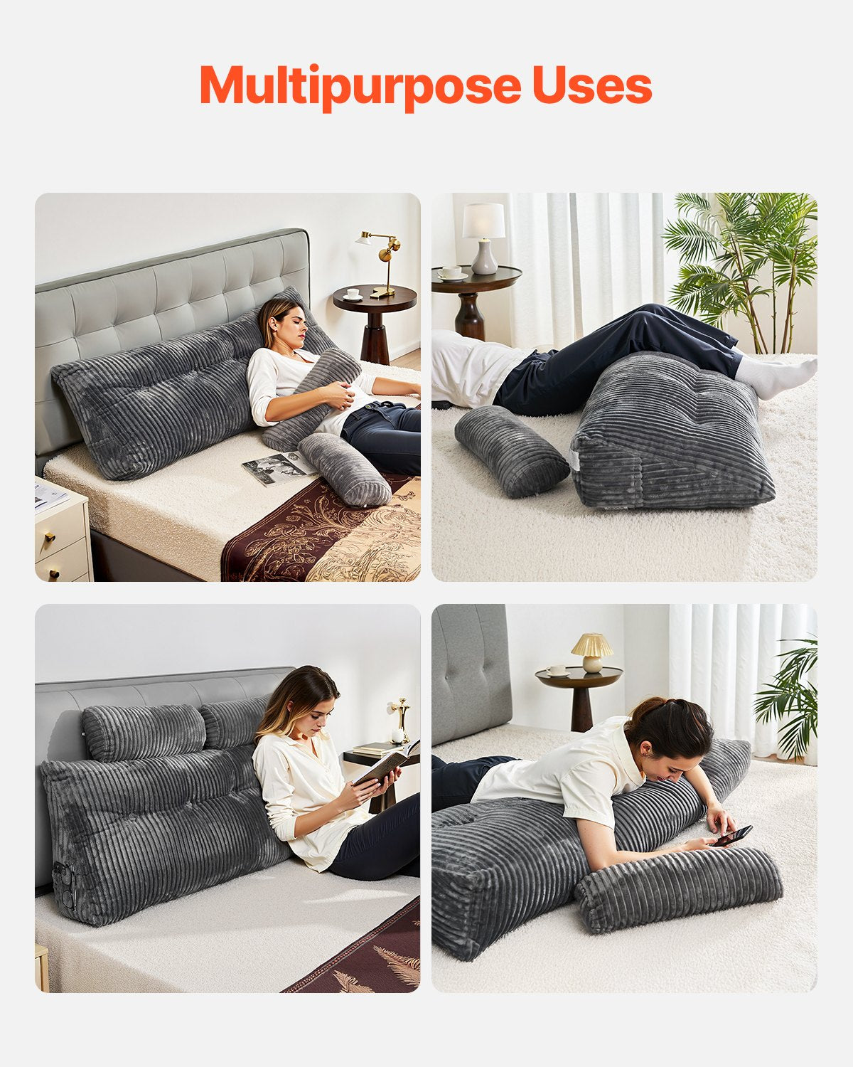 VEVOR Headboard Pillow, Queen Size Wedge Headboard Pillow with 2 Side Pockets and 2 Headrests, Bed Wedge Pillow with Washable Flannel Cloth, for Reading, Gaming, Resting, Working in Bed, Grey - CTBZQUEENCCH6OBPH001V0 - view 7