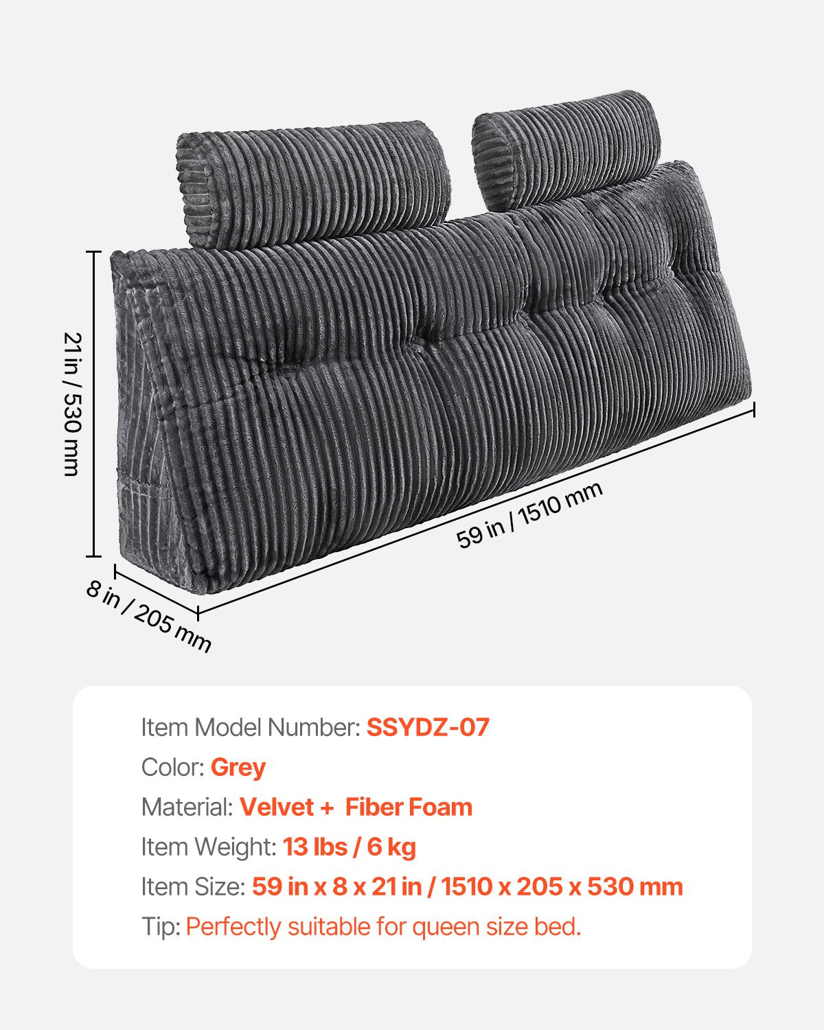 VEVOR Headboard Pillow, Queen Size Wedge Headboard Pillow with 2 Side Pockets and 2 Headrests, Bed Wedge Pillow with Washable Flannel Cloth, for Reading, Gaming, Resting, Working in Bed, Grey - CTBZQUEENCCH6OBPH001V0 - view 8