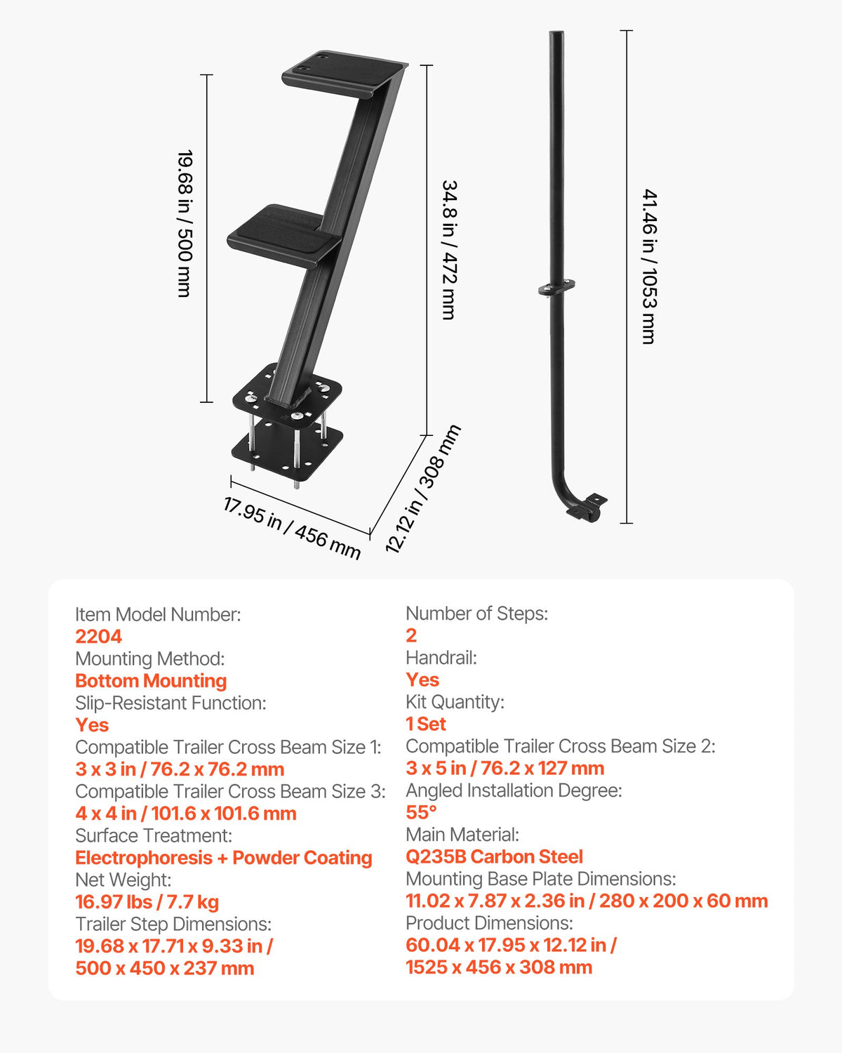 VEVOR Boat Trailer Steps, 2-Step, Heavy-Duty Boat Trailer Steps with Handle, Non-Slip Surface, 3 Mounting Angle Options, Carbon Steel Ladder Suitable for 3" x 3"/3" x 5"/4" x 4" Frame, Bottom Mounting - CTCBTEJBTDBA9FNN5001V0 - view 8