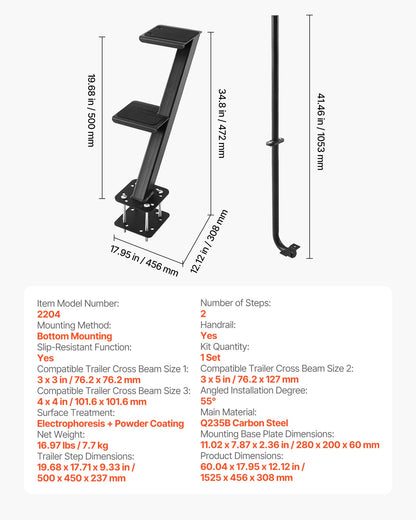 VEVOR Boat Trailer Steps, 2-Step, Heavy-Duty Boat Trailer Steps with Handle, Non-Slip Surface, 3 Mounting Angle Options, Carbon Steel Ladder Suitable for 3" x 3"/3" x 5"/4" x 4" Frame, Bottom Mounting - CTCBTEJBTDBA9FNN5001V0 - view 8
