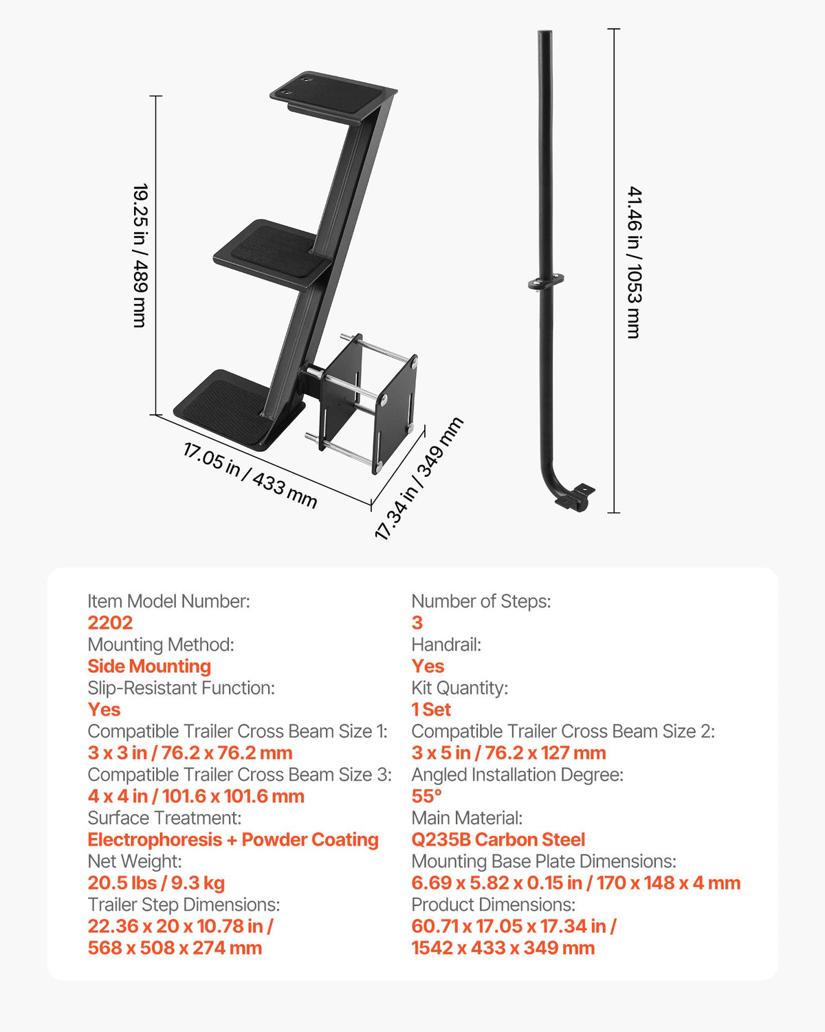 VEVOR Boat Trailer Steps, 3-Step, Heavy-Duty Boat Trailer Steps with Handle, Non-Slip Surface, 3 Mounting Angle Options, Carbon Steel Ladder Suitable for 3" x 3"/3" x 5"/4" x 4" Frame, Side Mounting - CTCBTSJBTCMAFGE6A001V0 - view 8