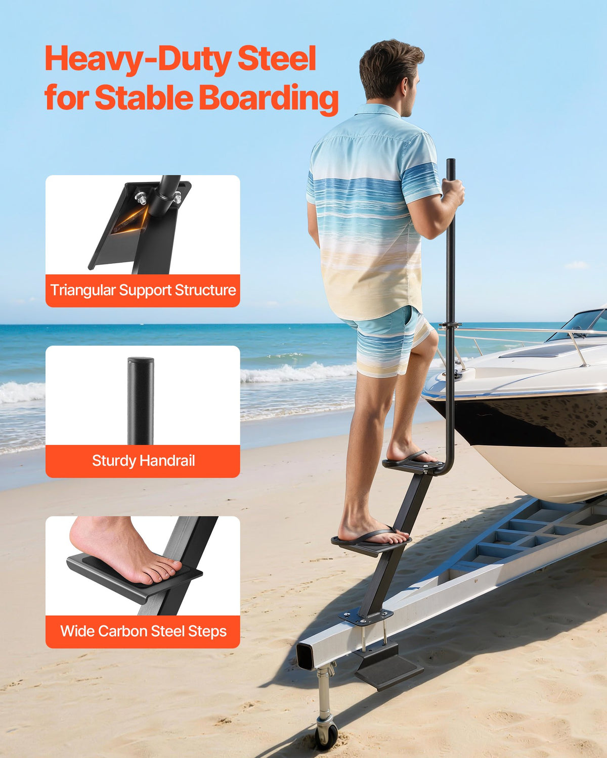 VEVOR Boat Trailer Steps, 3-Step, Heavy-Duty Boat Trailer Steps with Handle, Non-Slip Surface, 3 Mounting Angle Options, Carbon Steel Ladder Suitable for 3" x 3"/3" x 5"/4" x 4" Frame, Bottom Mounting - CTCBTSJBTDBAQLH5A001V0 - view 3
