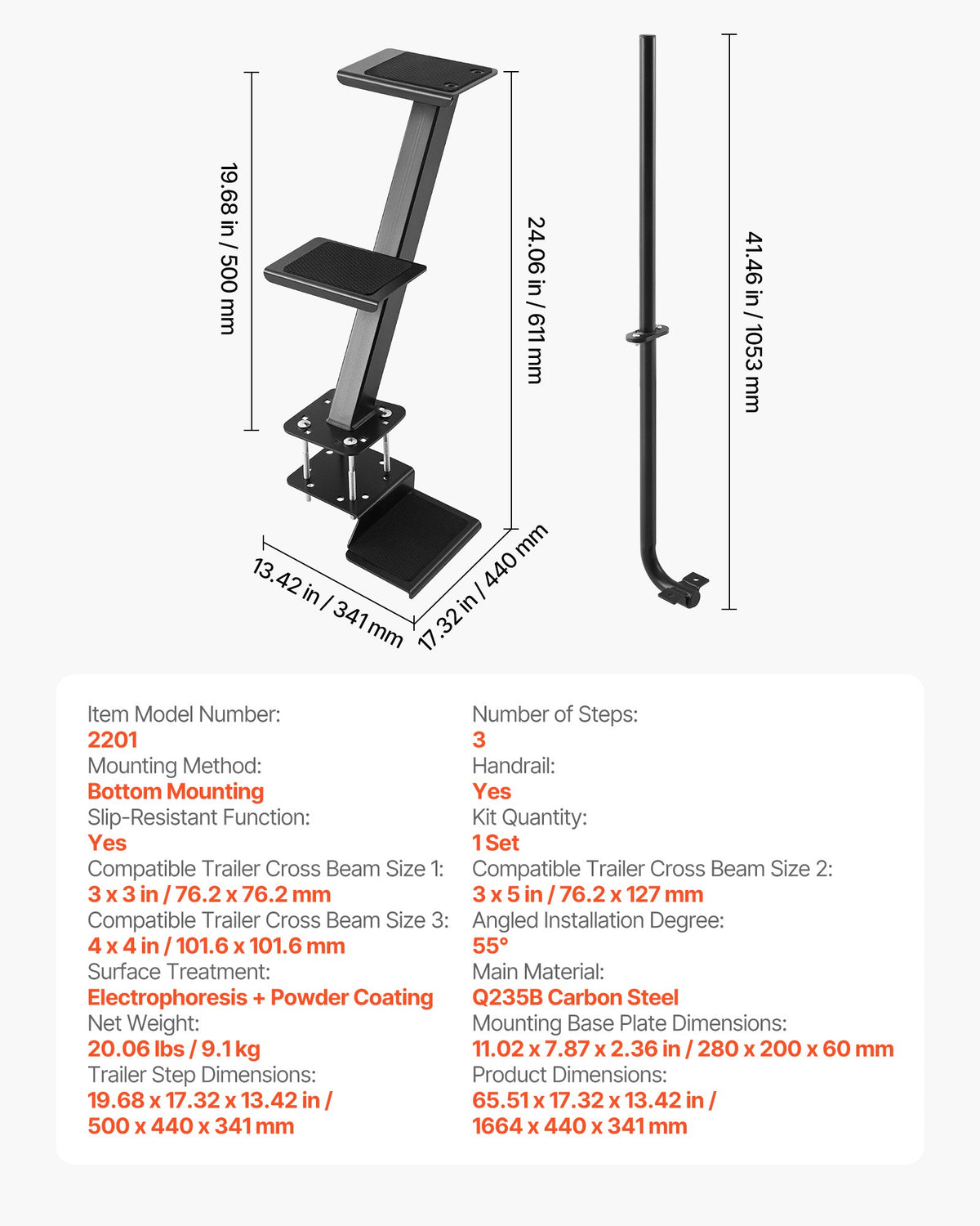 VEVOR Boat Trailer Steps, 3-Step, Heavy-Duty Boat Trailer Steps with Handle, Non-Slip Surface, 3 Mounting Angle Options, Carbon Steel Ladder Suitable for 3" x 3"/3" x 5"/4" x 4" Frame, Bottom Mounting - CTCBTSJBTDBAQLH5A001V0 - view 8