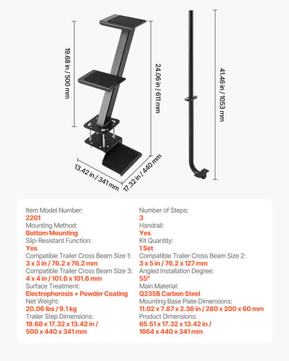 VEVOR Boat Trailer Steps, 3-Step, Heavy-Duty Boat Trailer Steps with Handle, Non-Slip Surface, 3 Mounting Angle Options, Carbon Steel Ladder Suitable for 3" x 3"/3" x 5"/4" x 4" Frame, Bottom Mounting - CTCBTSJBTDBAQLH5A001V0 - view 8