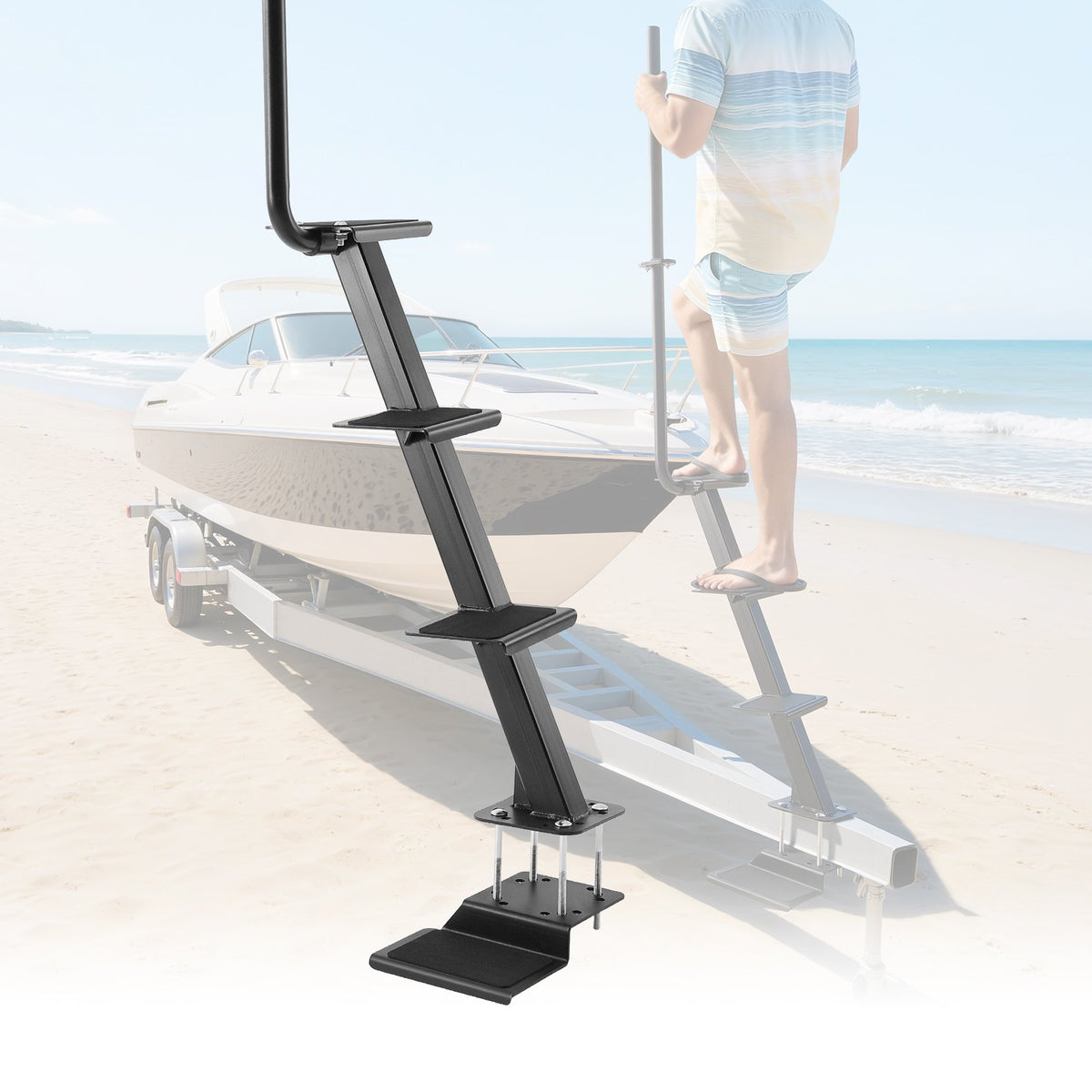 VEVOR Boat Trailer Steps, 4-Step, Heavy-Duty Boat Trailer Steps with Handle, Non-Slip Surface, 3 Mounting Angle Options, Carbon Steel Ladder Suitable for 3" x 3"/3" x 5"/4" x 4" Frame, Bottom Mounting - CTCBTSJBTDBARWF2C001V0 - view 1