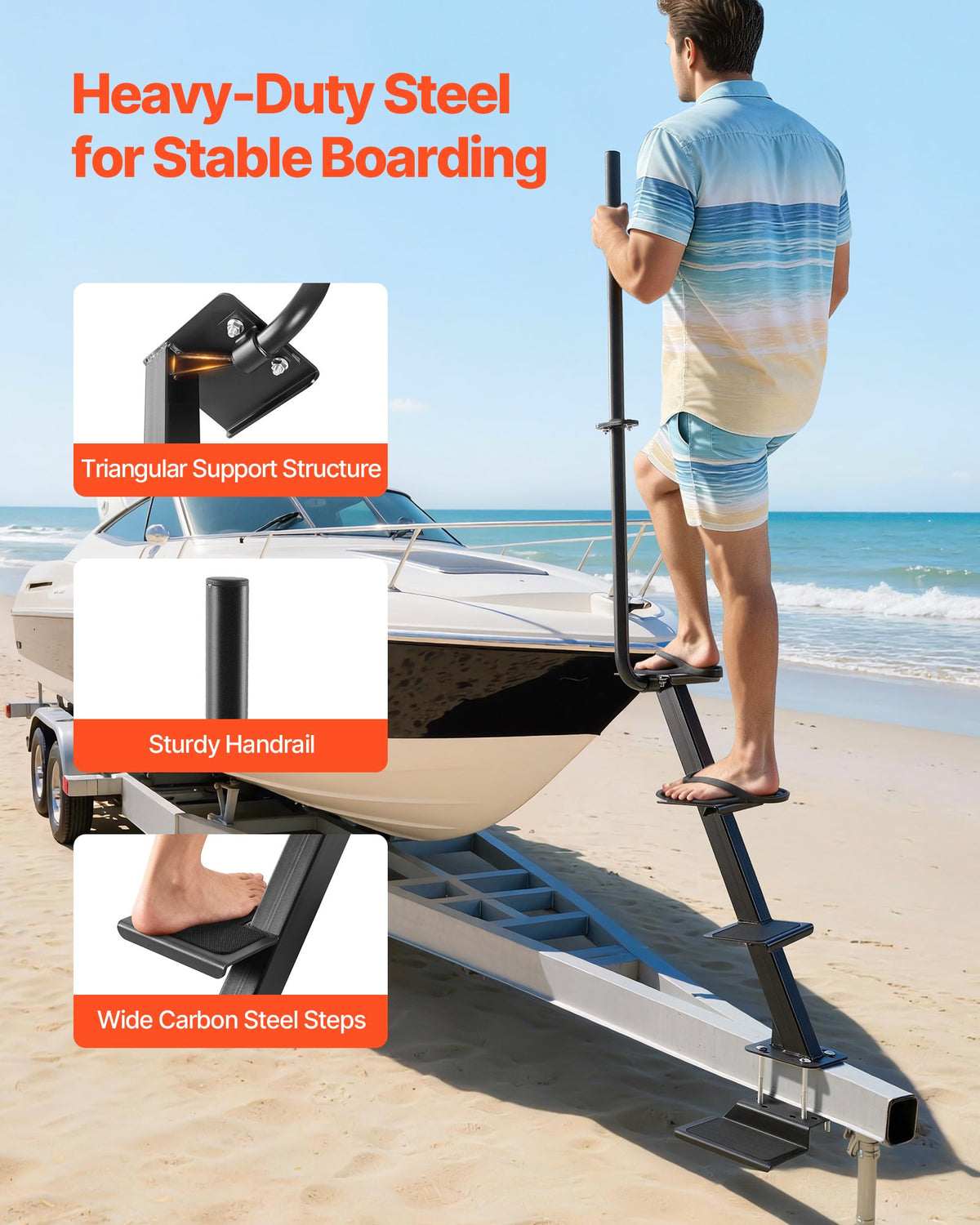 VEVOR Boat Trailer Steps, 4-Step, Heavy-Duty Boat Trailer Steps with Handle, Non-Slip Surface, 3 Mounting Angle Options, Carbon Steel Ladder Suitable for 3" x 3"/3" x 5"/4" x 4" Frame, Bottom Mounting - CTCBTSJBTDBARWF2C001V0 - view 3