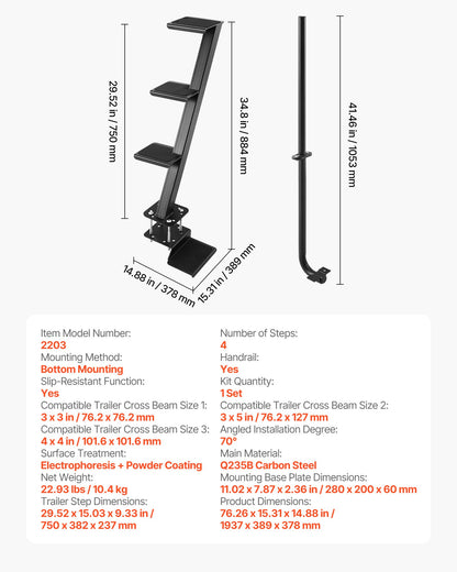VEVOR Boat Trailer Steps, 4-Step, Heavy-Duty Boat Trailer Steps with Handle, Non-Slip Surface, 3 Mounting Angle Options, Carbon Steel Ladder Suitable for 3" x 3"/3" x 5"/4" x 4" Frame, Bottom Mounting - CTCBTSJBTDBARWF2C001V0 - view 8