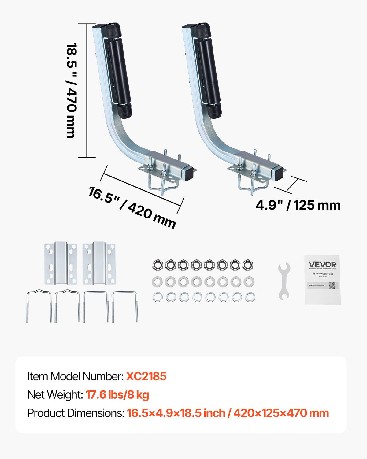 VEVOR Boat Trailer Guides, 18.5 in/20.5 in Height Adjustable Trailers Guide, 2PCS Thickened High-Duty Steel Trailer Guide-Ons with Smooth Roller Guidance, for V-Hull Boats, Small to Mid-Size Boats - CTCDGLXLX1852M1UF001V0 - view 8