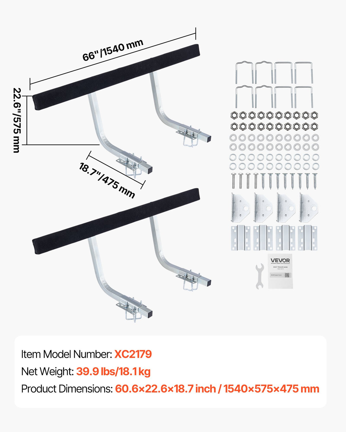 VEVOR Boat Trailer Guides, 16.7 in/18.7 in Height Adjustable Trailers Guide, 2PCS Thickened Steel Trailer Guide-Ons with Thick Support Pads, Fits L-Beam, Box or C-Channel Bunk-Style Pontoon Trailers - CTCDGSTX60IN2PCRM001V0 - view 8