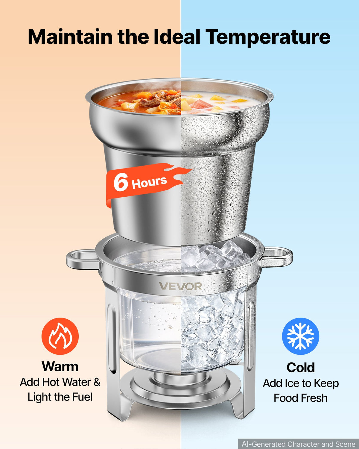 VEVOR 1 Pack Soup Chafer, Chafing Dish for Buffet Set, 11QT Stainless Steel, Catering Marmite for Banquet Party Wedding, Round Buffet Server and Soup Warmer, with Pot, Ladle, and Fuel Holder - CTCLYS1JT11QBSHG1001V0 - view 3