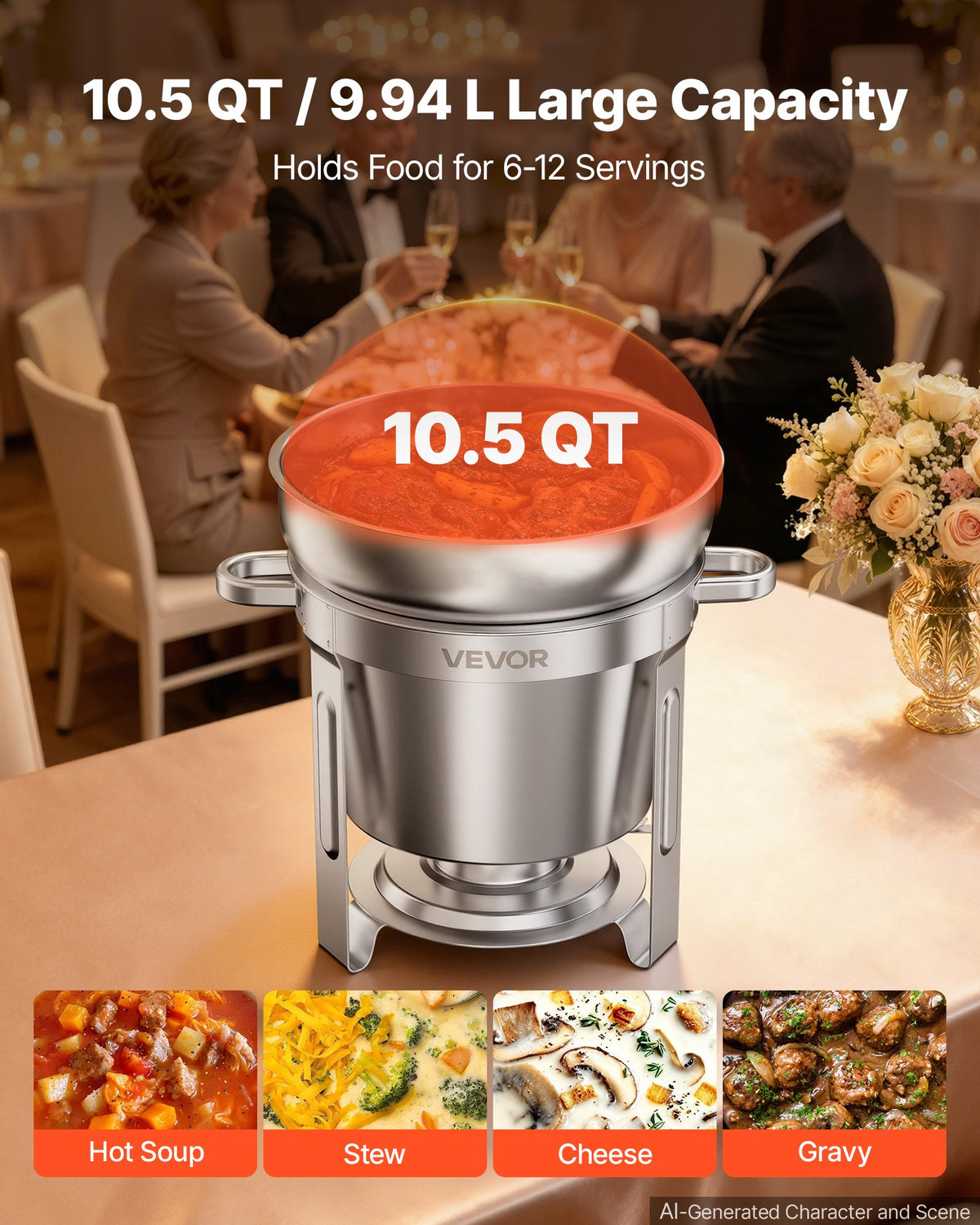 VEVOR 1 Pack Soup Chafer, Chafing Dish for Buffet Set, 11QT Stainless Steel, Catering Marmite for Banquet Party Wedding, Round Buffet Server and Soup Warmer, with Pot, Ladle, and Fuel Holder - CTCLYS1JT11QBSHG1001V0 - view 4