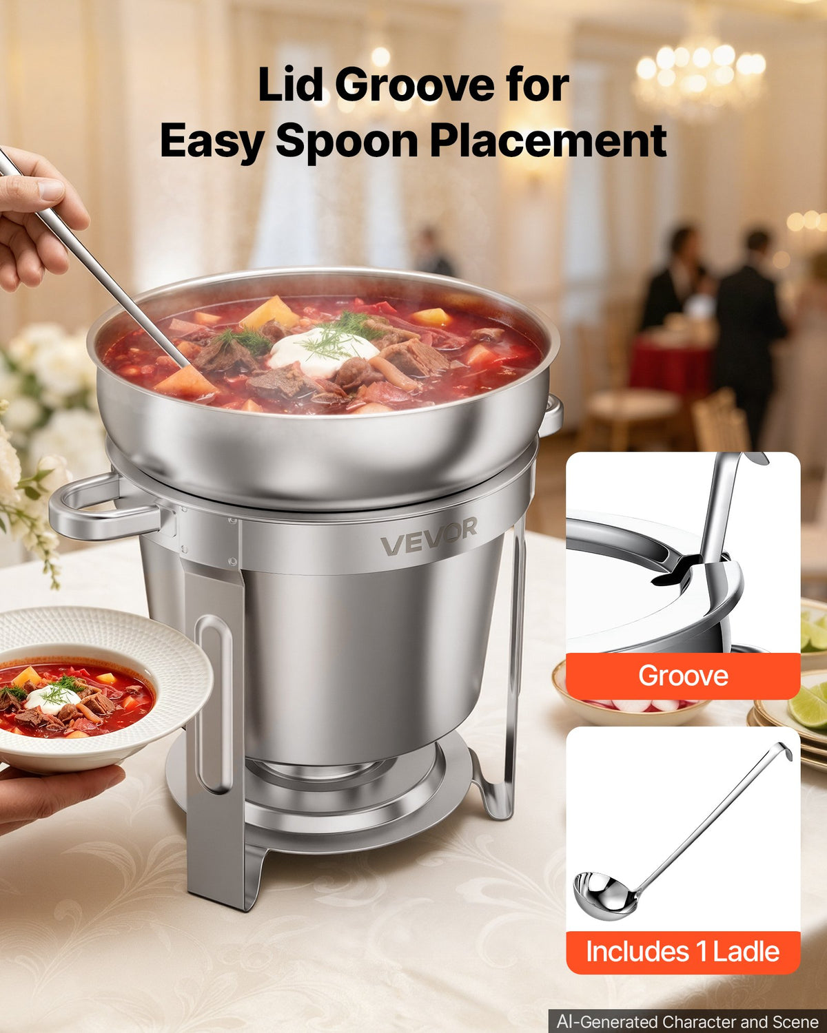 VEVOR 1 Pack Soup Chafer, Chafing Dish for Buffet Set, 11QT Stainless Steel, Catering Marmite for Banquet Party Wedding, Round Buffet Server and Soup Warmer, with Pot, Ladle, and Fuel Holder - CTCLYS1JT11QBSHG1001V0 - view 6