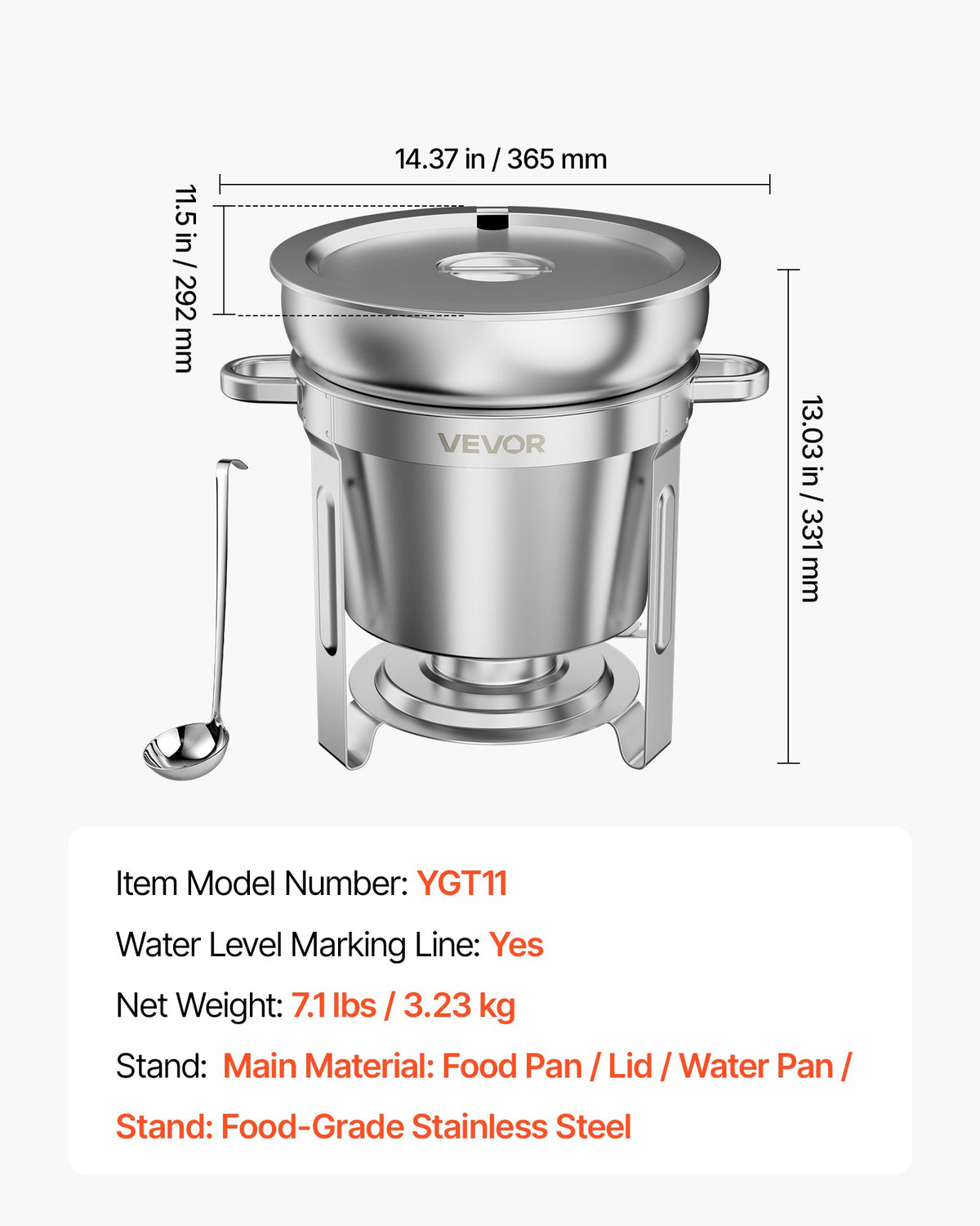VEVOR 1 Pack Soup Chafer, Chafing Dish for Buffet Set, 11QT Stainless Steel, Catering Marmite for Banquet Party Wedding, Round Buffet Server and Soup Warmer, with Pot, Ladle, and Fuel Holder - CTCLYS1JT11QBSHG1001V0 - view 8