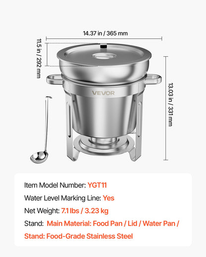 VEVOR 1 Pack Soup Chafer, Chafing Dish for Buffet Set, 11QT Stainless Steel, Catering Marmite for Banquet Party Wedding, Round Buffet Server and Soup Warmer, with Pot, Ladle, and Fuel Holder - CTCLYS1JT11QBSHG1001V0 - view 8