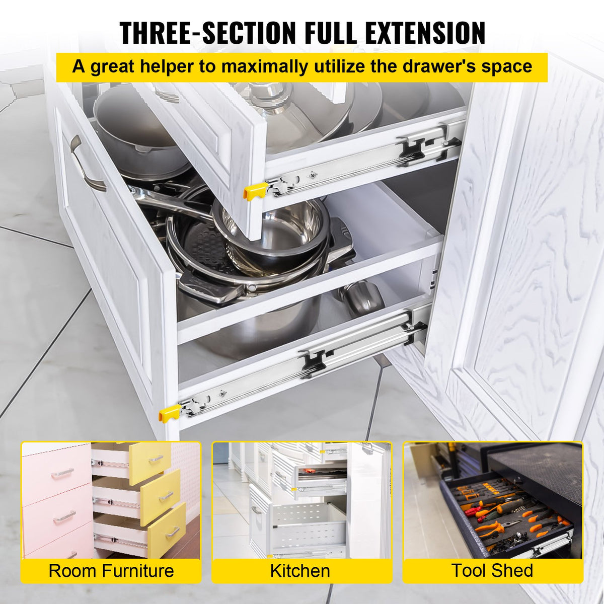 VEVOR Heavy Duty Drawer Slides 2PCS Drawer Slides 36" Locking Drawer Slides 250LBS Capacity Heavy Duty Slides Three Section Full Extension Drawer Slide Cold-Rolled Steel Industrial - CTDG250B36YCWS001V0 - view 2