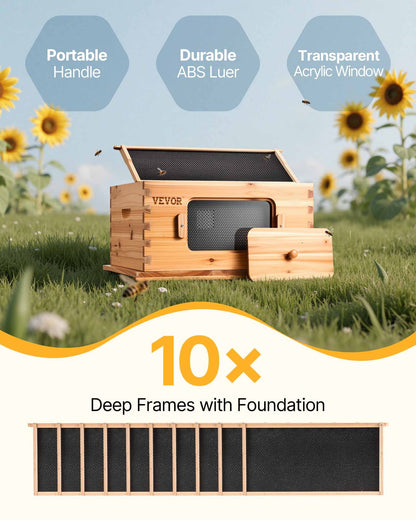 VEVOR Bee Hive Deep Box Starter Kit, 100% Beeswax Coated Natural Fir Wood, Langstroth Beehive Kit with 10 Frames and Foundations, Transparent Acrylic Bee Windows for Beginners and Pro Beekeepers - CTFXSMSHX1109SC61V0 - view 3