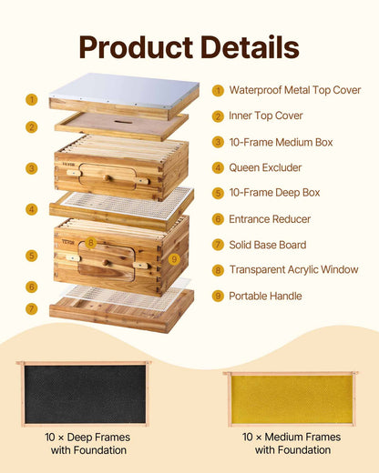 VEVOR Bee Hive 20 Frame Bee Hives Starter Kit, Beeswax Coated Fir Wood, 1 Deep + 1 Medium Bee Boxes Langstroth Beehive Kit, Transparent Acrylic Windows with Foundations for Beginners Pro Beekeepers - CTFXSMSHX1ZHAS36XV0 - view 3