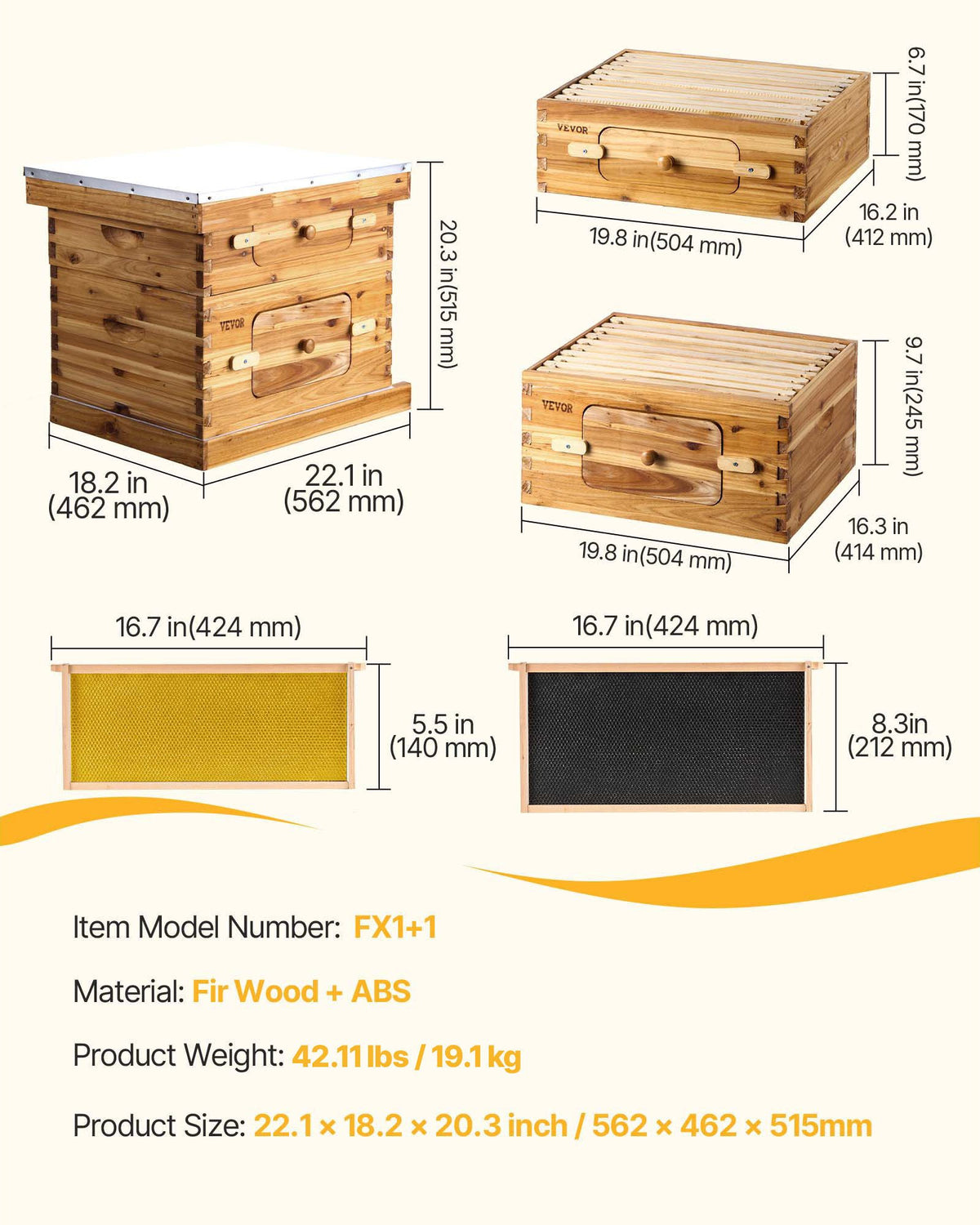 VEVOR Bee Hive 20 Frame Bee Hives Starter Kit, Beeswax Coated Fir Wood, 1 Deep + 1 Medium Bee Boxes Langstroth Beehive Kit, Transparent Acrylic Windows with Foundations for Beginners Pro Beekeepers - CTFXSMSHX1ZHAS36XV0 - view 8