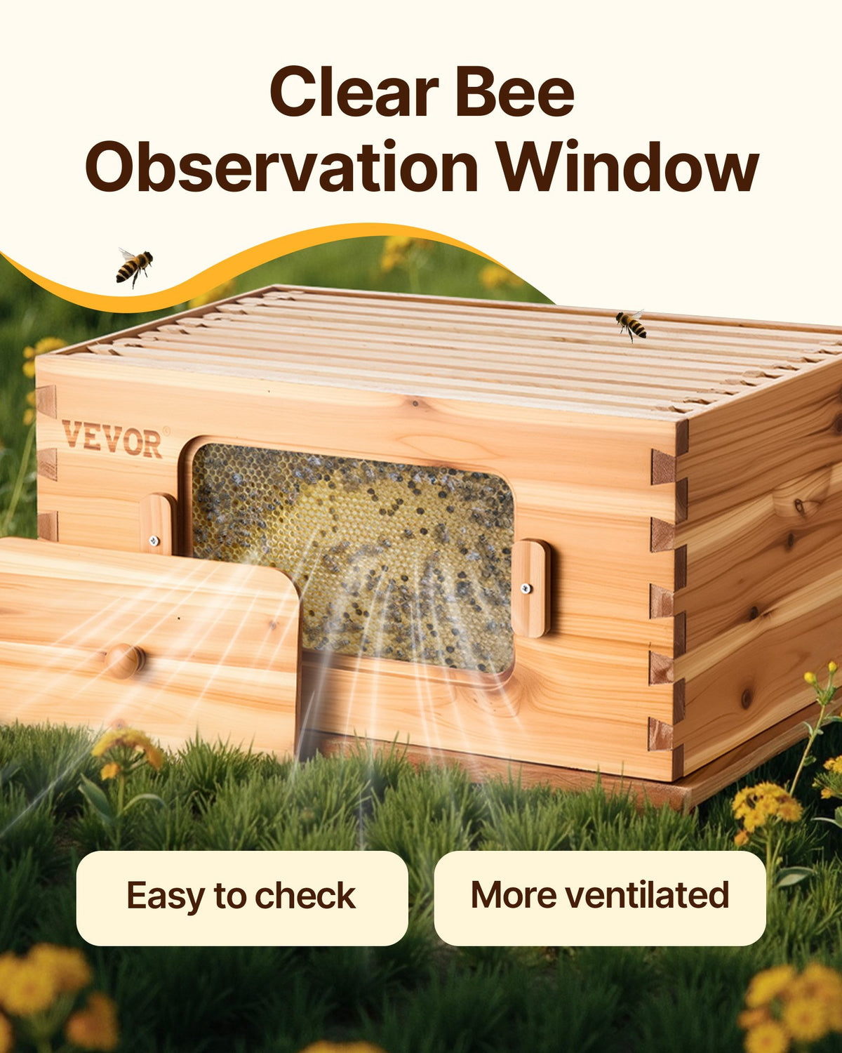VEVOR Bee Hive 40 Frame Bee Hives Starter Kit, Beeswax Coated Fir Wood, 2 Deep + 2 Medium Bee Boxes Langstroth Beehive Kit, Transparent Acrylic Windows with Foundations for Beginners Pro Beekeepers - CTFXSMSHX2ZH12ZO0V0 - view 6