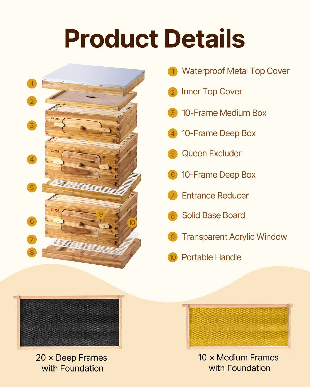 VEVOR Bee Hive 30 Frame Bee Hives Starter Kit, Beeswax Coated Fir Wood, 2 Deep + 1 Medium Bee Boxes Langstroth Beehive Kit, Transparent Acrylic Windows with Foundations for Beginners Pro Beekeepers - CTFXSMSHX2ZHGHAL4V0 - view 3