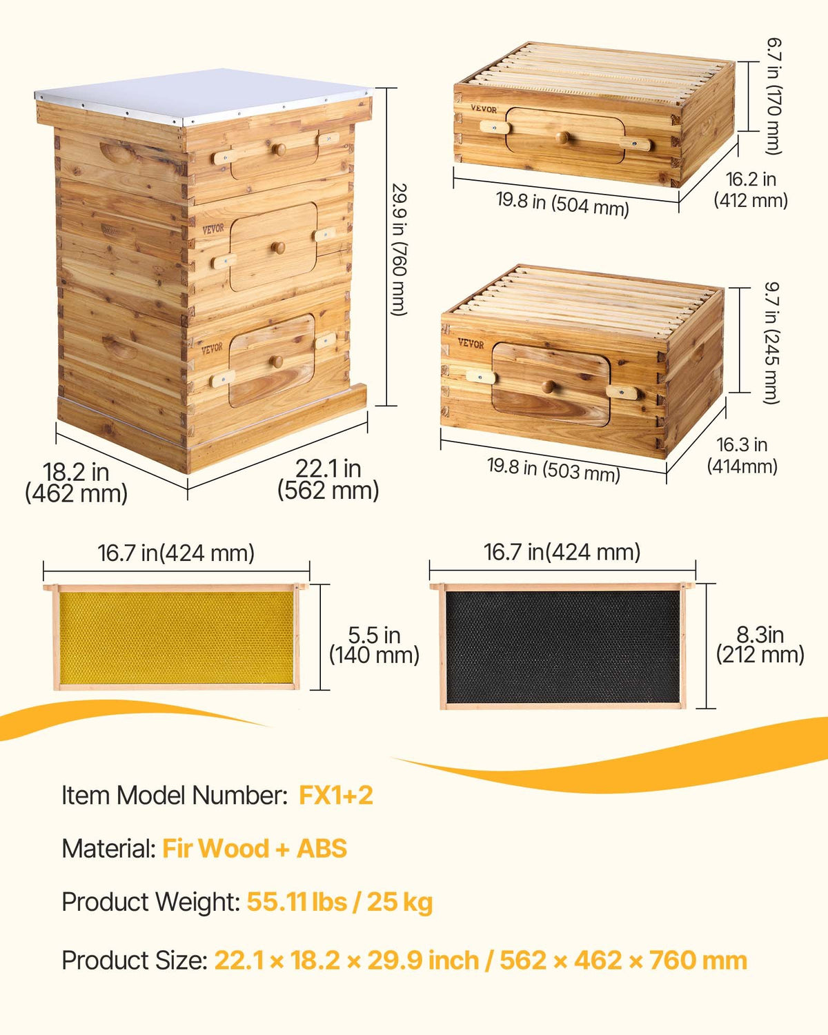 VEVOR Bee Hive 30 Frame Bee Hives Starter Kit, Beeswax Coated Fir Wood, 2 Deep + 1 Medium Bee Boxes Langstroth Beehive Kit, Transparent Acrylic Windows with Foundations for Beginners Pro Beekeepers - CTFXSMSHX2ZHGHAL4V0 - view 8