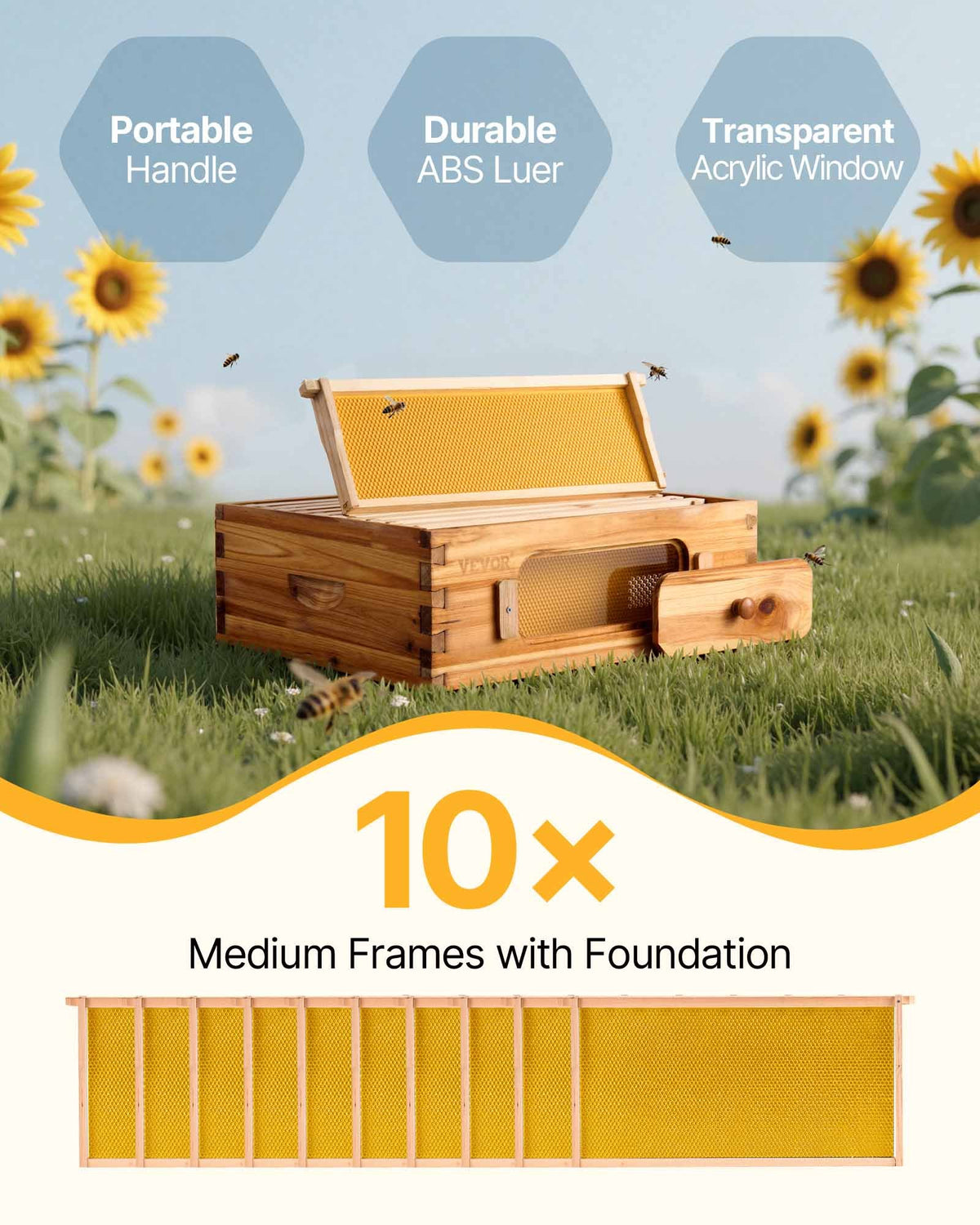 VEVOR Bee Hive Medium Box Starter Kit, 100% Beeswax Coated Natural Fir Wood, Langstroth Beehive Kit with 10 Frames and Foundations, Transparent Acrylic Bee Windows for Beginners and Pro Beekeepers - CTFXSMZHX110P1UPNV0 - view 3