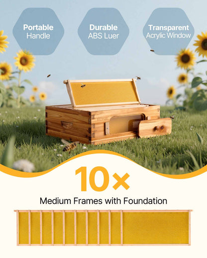 VEVOR Bee Hive Medium Box Starter Kit, 100% Beeswax Coated Natural Fir Wood, Langstroth Beehive Kit with 10 Frames and Foundations, Transparent Acrylic Bee Windows for Beginners and Pro Beekeepers - CTFXSMZHX110P1UPNV0 - view 3