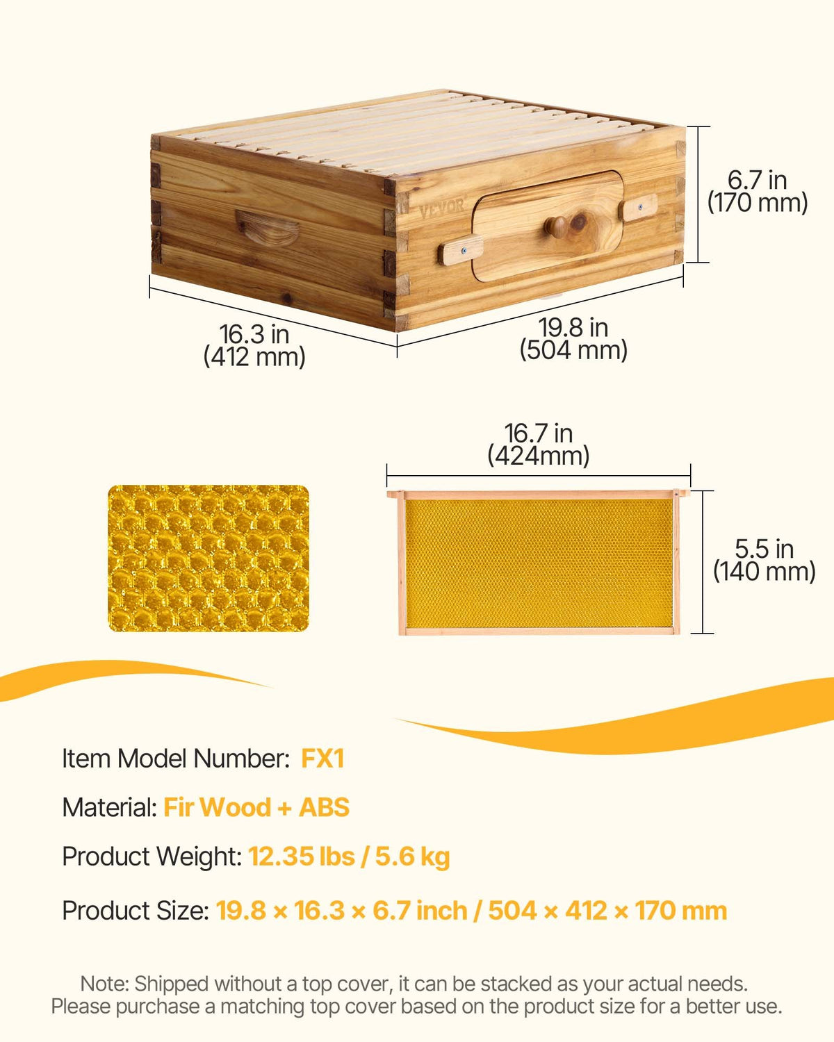 VEVOR Bee Hive Medium Box Starter Kit, 100% Beeswax Coated Natural Fir Wood, Langstroth Beehive Kit with 10 Frames and Foundations, Transparent Acrylic Bee Windows for Beginners and Pro Beekeepers - CTFXSMZHX110P1UPNV0 - view 8