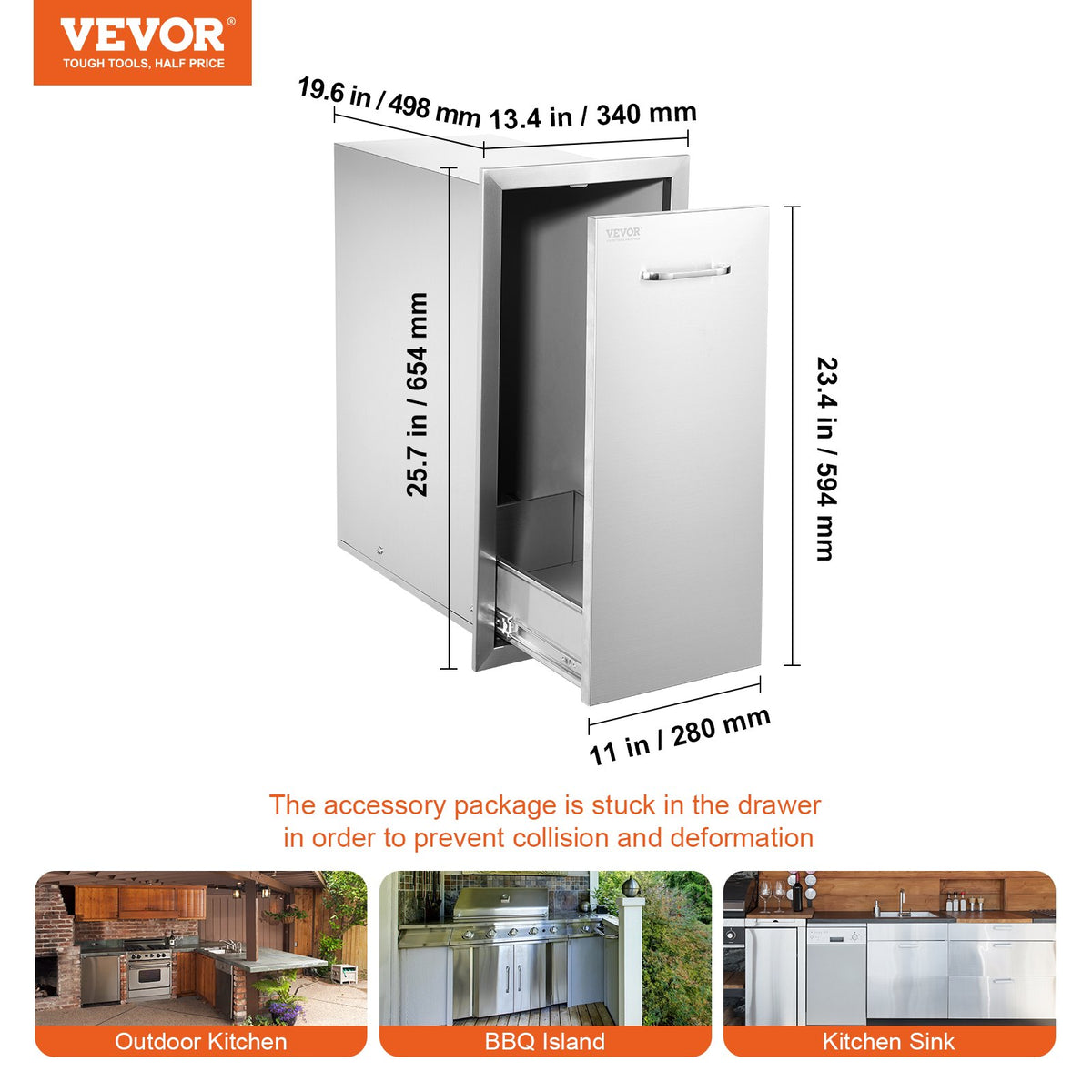 VEVOR Pull Out Trash Drawer 13.6Wx26Hx19.3D Inch Lower Sliding Rails Stainless Steel Roll Out Trash Bin Pull Out Tray Outdoor Kitchen Trash Drawer with Handle for BBQ Island Grill Station No Trash Can - CTGXHGLJG00000001V0 - view 8