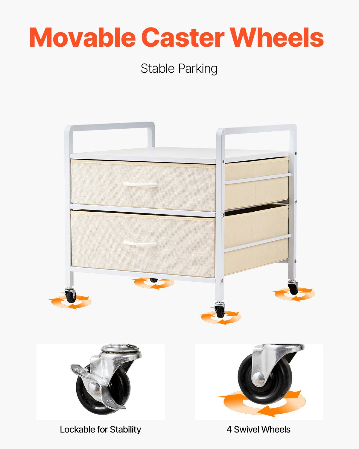 VEVOR Mini Fridge Stand with Storage, 176 lb-Capacity Mini Fridge Table with 2 Drawers & 4 Swivel Wheels, Mobile Mini Fridge Shelf, White Mini Fridge Organizer for Dorm, Apartment, Office, Bedroom - CTKMNBXZJ2CB91249V0 - view 5