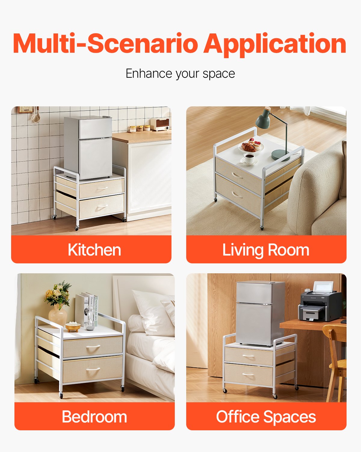 VEVOR Mini Fridge Stand with Storage, 176 lb-Capacity Mini Fridge Table with 2 Drawers & 4 Swivel Wheels, Mobile Mini Fridge Shelf, White Mini Fridge Organizer for Dorm, Apartment, Office, Bedroom - CTKMNBXZJ2CB91249V0 - view 7
