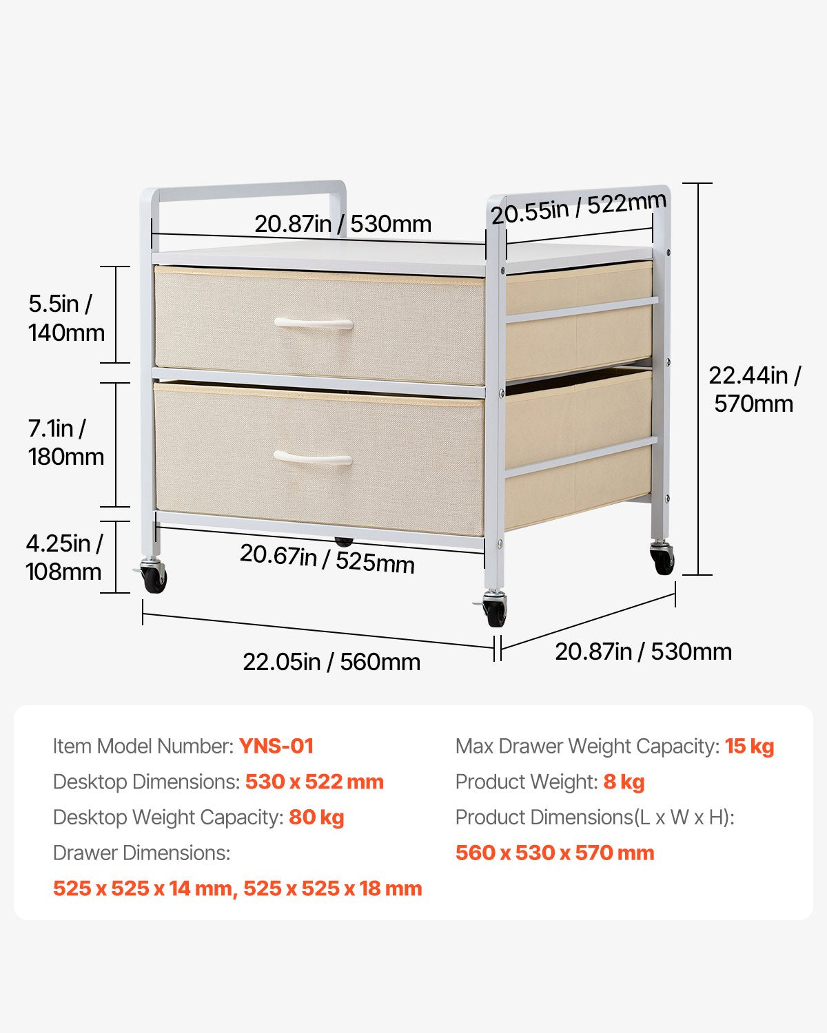 VEVOR Mini Fridge Stand with Storage, 176 lb-Capacity Mini Fridge Table with 2 Drawers & 4 Swivel Wheels, Mobile Mini Fridge Shelf, White Mini Fridge Organizer for Dorm, Apartment, Office, Bedroom - CTKMNBXZJ2CB91249V0 - view 8