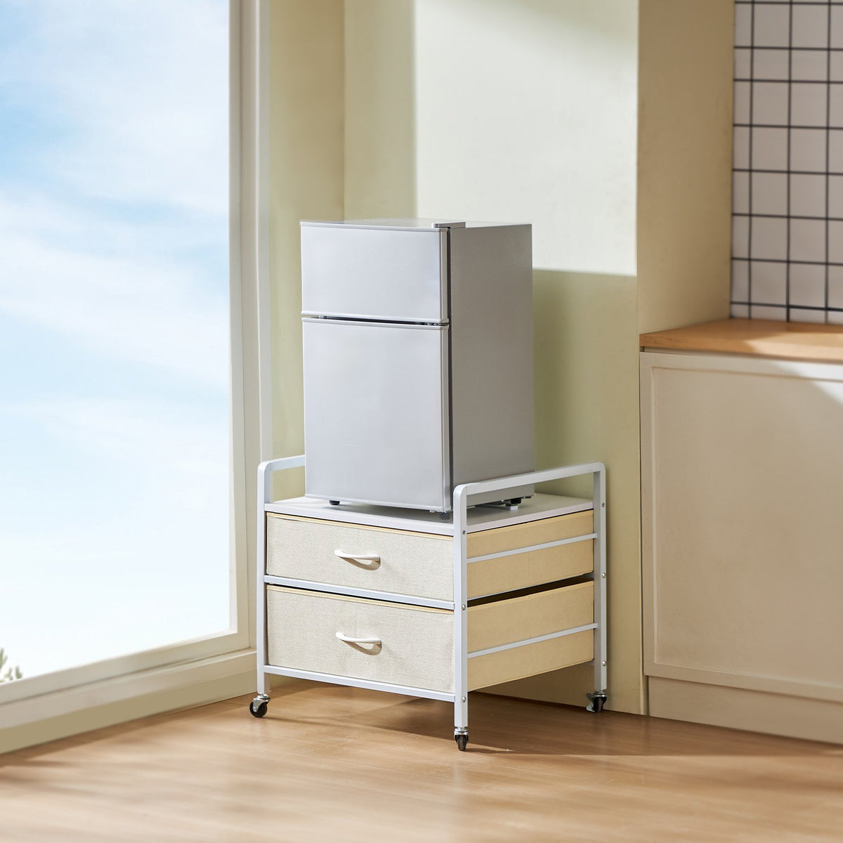 VEVOR Mini Fridge Stand with Storage, 176 lb-Capacity Mini Fridge Table with 2 Drawers & 4 Swivel Wheels, Mobile Mini Fridge Shelf, White Mini Fridge Organizer for Dorm, Apartment, Office, Bedroom - CTKMNBXZJ2CB91249V0 - view 9