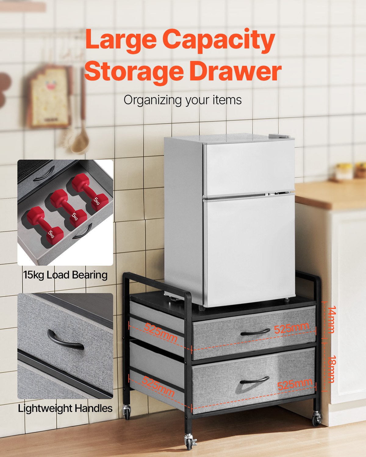VEVOR Mini Fridge Stand with Storage, 176 lb-Capacity Mini Fridge Table with 2 Drawers & 4 Swivel Wheels, Mobile Mini Fridge Shelf, Gray Mini Fridge Organizer for Dorm, Apartment, Office, Bedroom - CTKMNBXZJ2CHTG08SV0 - view 4